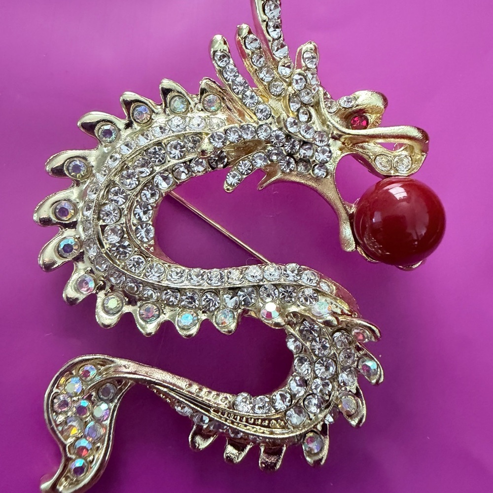 Dragon Brooch with Red Accent -Gold Crystal. Women Jewelry